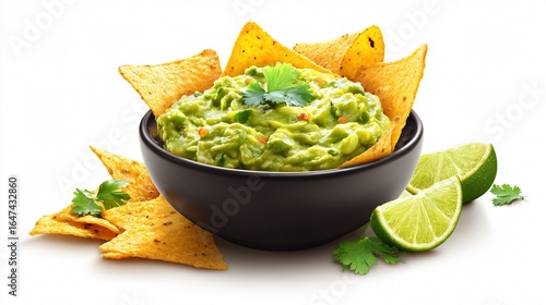Delicious Bowl of Guacamole and Nachos Isolated on White Background for Menu Design