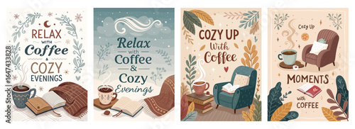 Cozy evening illustrations featuring coffee, books, and inviting armchairs.