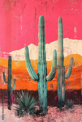 Three Teal Cacti Against a Vibrant Pink and Orange Desert Sunset