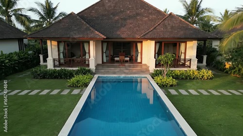 Wallpaper Mural A luxurious tropical villa with a private swimming pool and a lush green lawn surrounded by palm trees. Torontodigital.ca