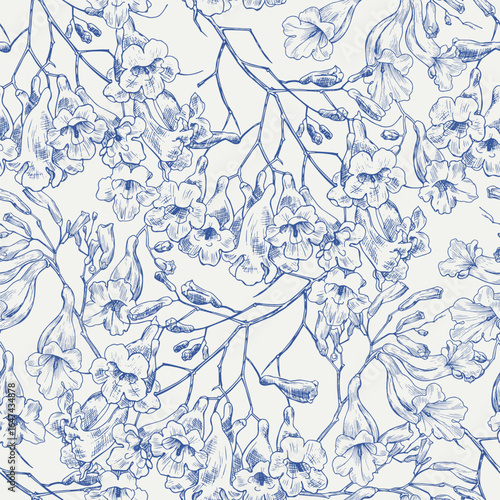 Vintage floral vector seamless pattern Jacaranda tree flowers, blue beige. Hand drawn elements. Background for design packaging, textile, wrapping paper, wallpaper, Fashion apparel, wedding decor