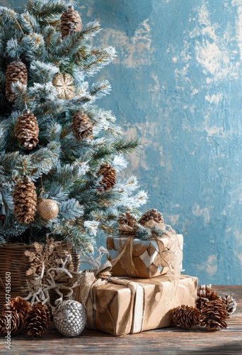 Christmas tree with gifts, rustic style