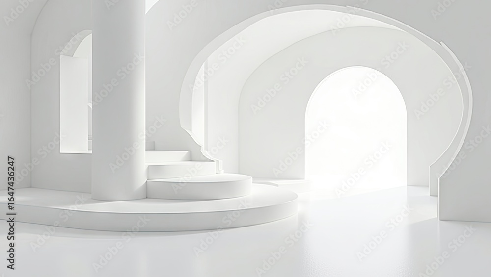 Fototapeta premium Abstract architectural interior design featuring white arches, pillars, and steps.