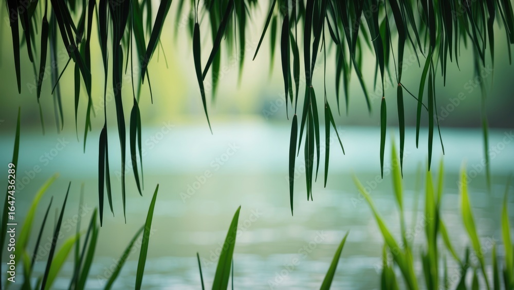 Obraz premium Lush green grass and reeds overhanging a serene water body, creating a natural and peaceful atmosphere.