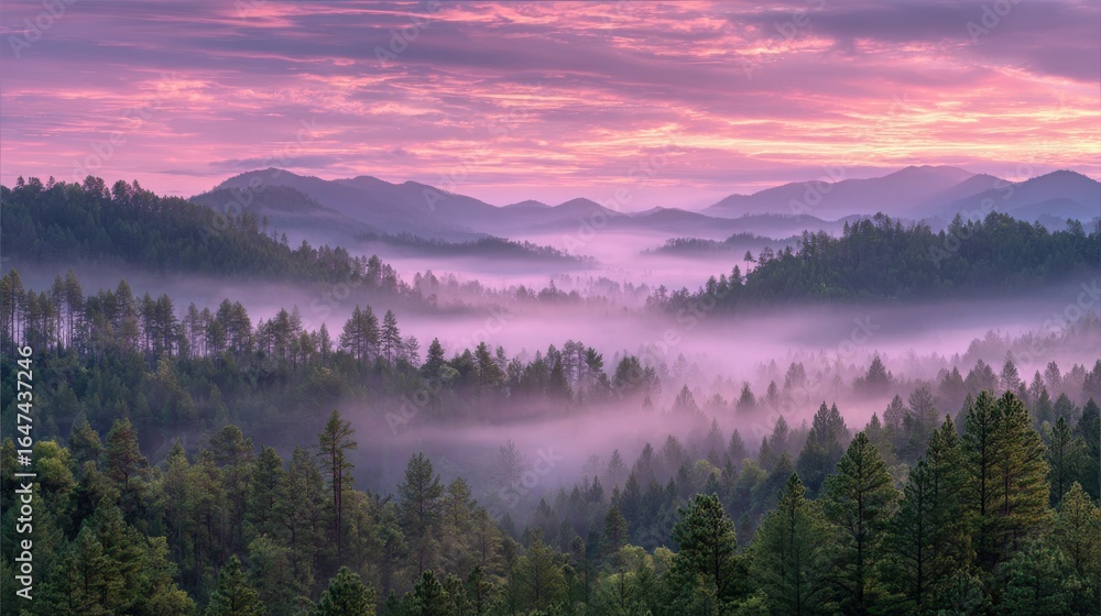 Obraz premium A serene landscape features mist rising over lush green forests as the sun rises, painting the sky with soft hues of pink and purple. The rolling hills create a breathtaking backdrop
