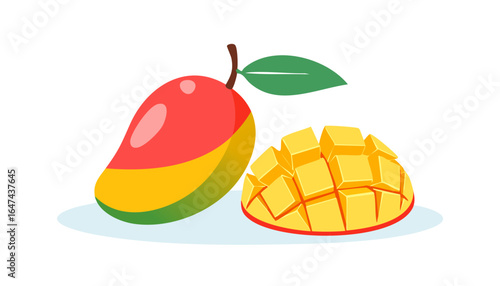 Stylized ripe mango illustration, vibrant yellow and orange shades, juicy slices, spacious white background for text.