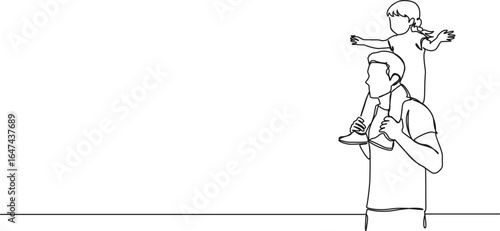 continuous single line drawing of father carrying young daughter on shoulders, line art vector illustration