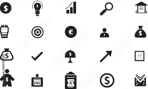 Financial and Business Icons: A collection of clean, minimalist icons representing business concepts and financial elements. Perfect for digital design.