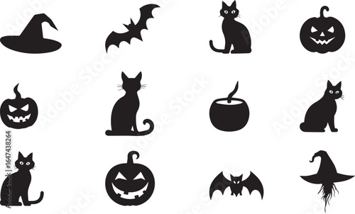 Halloween Silhouette Collection: A collection of Halloween silhouettes, featuring pumpkins, bats, black cat, and witch hat that captures the essence of the spooky holiday season.