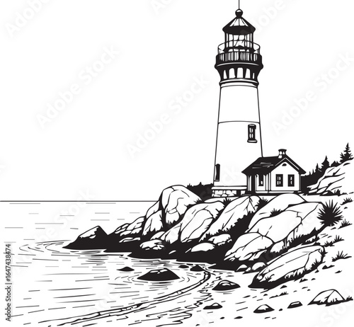 Photography Coastal Beacon of Guidance: A classic monochrome illustration portrays a sturdy lighthouse perched atop a rocky shoreline, a symbol of guidance and steadfastness
