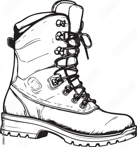 Work Boot Illustration: A detailed illustration of a sturdy work boot, featuring intricate linework, rugged design, and utilitarian aesthetics, conveying reliability and protection.