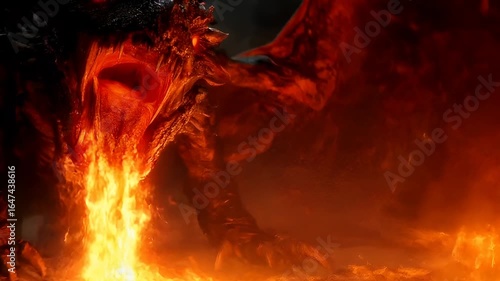 A vivid, actionpacked fantasy scene featuring a formidable dragon roaring amidst a fiery backdrop. The dragons scales are intricately detailed, and its eyes glow with a fiery orange hue.