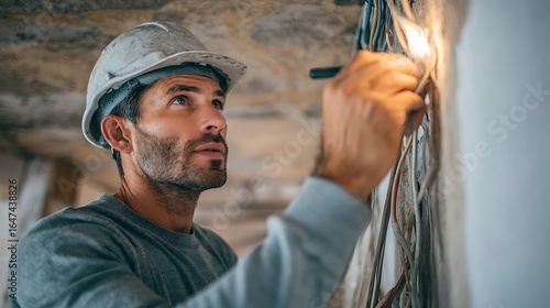 Wallpaper Mural Electrician Inspecting Wires on Wall Wearing Hard Hat Indoors Torontodigital.ca