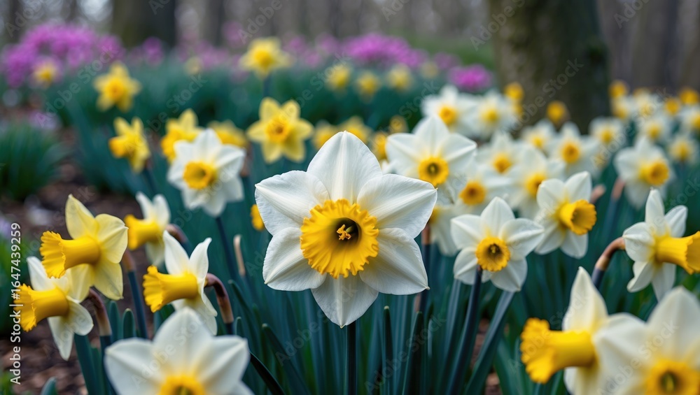 White daffodils with yellow centers blooming in a garden. White daffodils with yellow centers blooming in a garden.