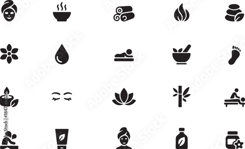 Spa icons: A serene collection of spa and wellness icons, meticulously crafted to represent relaxation and rejuvenation. The icons are clean and concise in a visually appealing arrangement.