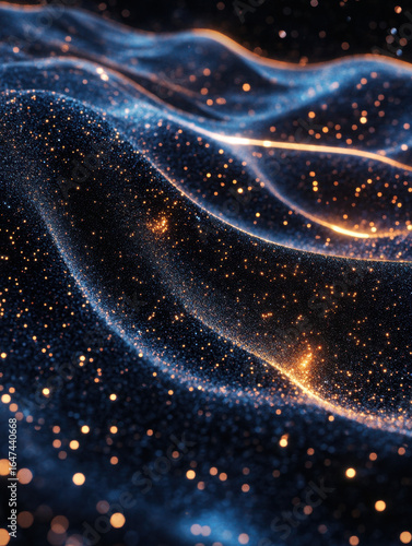 Abstract Glowing Particle Waves Dark Blue Orange Background