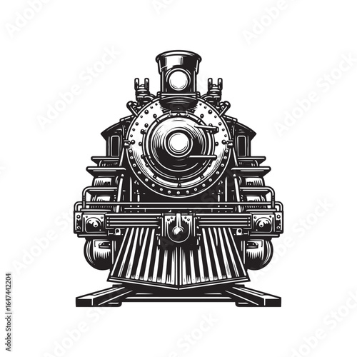 Western Steam Locomotive – Front View Black and White Vector Illustration