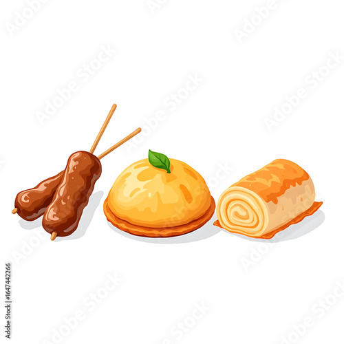 Delicious assorted snacks including skewers, pancakes, and roll presented artistically on white background