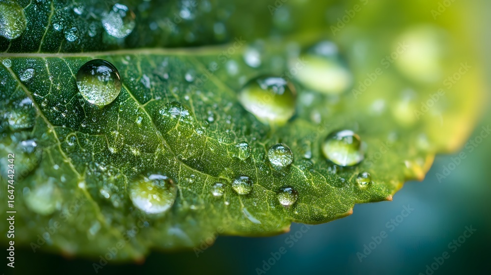 Extreme close up of a vibrant green leaf covered in numerous clear water droplets after rain macro Extreme close up of a vibrant green leaf covered in numerous clear water droplets after rain macro