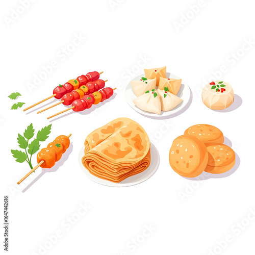 Delicious assortment of appetizing Asian street food and snacks presented vibrantly
