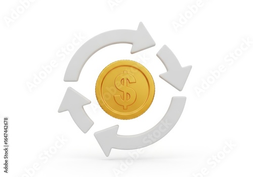 Money circulation concept with dollar coin and arrows on white background