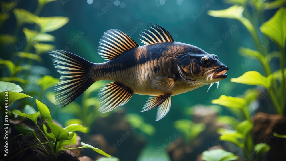 Fototapeta premium A freshwater fish swimming among green aquatic plants in an underwater environment.