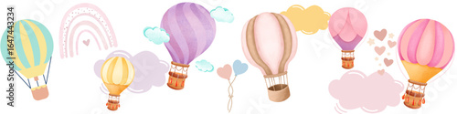 super-cute balloons flying on white (transparent) little bit cloudy sky panoramic baby room decoration / sticker / wallpaper