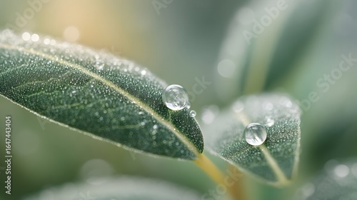 Macro close up of green leaf surface covered in tiny water droplets with soft bokeh background