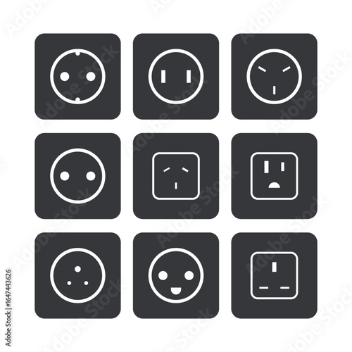 Bundle set of electric sockets , featuring multiple types including Europe, Asia, US, UK, and international standards for universal power connection illustrations.