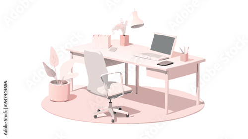 Minimalist home office setup with desk chair laptop lamp and plant for remote work and study space design