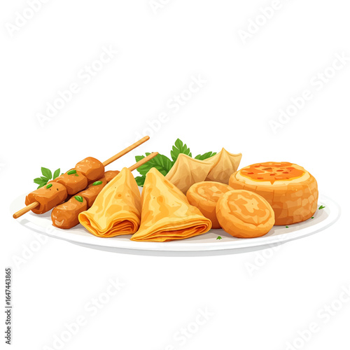 Delicious assortment of savory snacks including skewers, samosas, and baked goods on a white plate