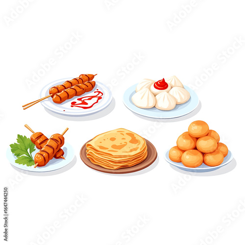 Delicious assortment of Asian street food including skewers, dumplings, pancakes, and fried balls