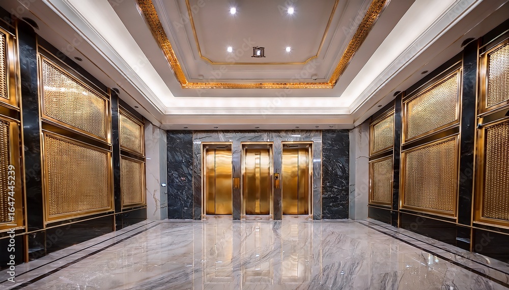 Obraz premium elegant marble lobby with two gold door elevators