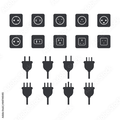Bundle set of electric sockets and plug icons, featuring multiple types including Europe, Asia, US, UK, and international standards for universal power connection illustrations.