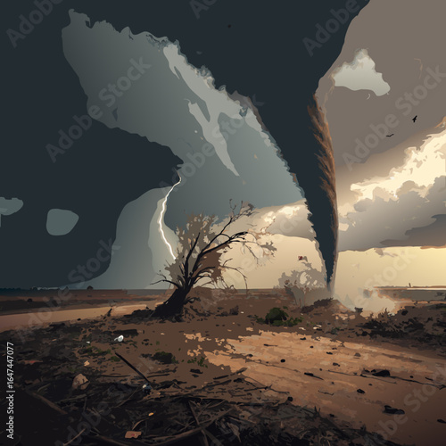 Vector art of a powerful tornado rips through a desolate landscape, showcasing natures destructive force under a dramatic, stormy sky with lightning