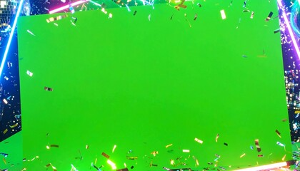 Colorful confetti border around a vibrant green screen