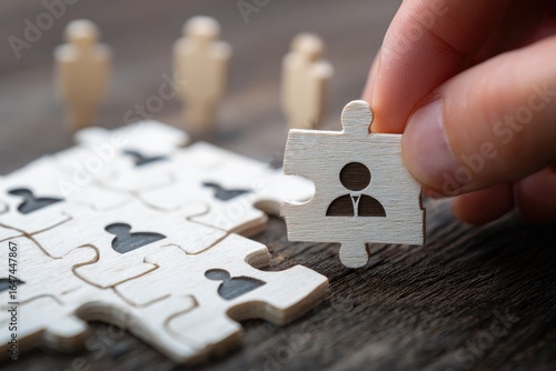 Hand placing a puzzle piece with a person icon on a wooden table