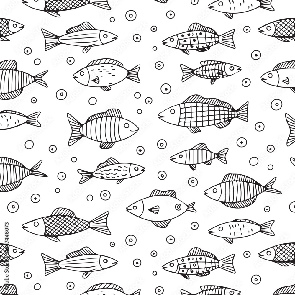 playful fish and bubble seamless vector pattern for children coloring page