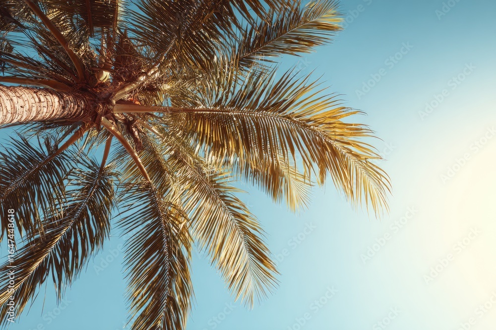 Fototapeta premium Palm tree canopy against a pale blue sky