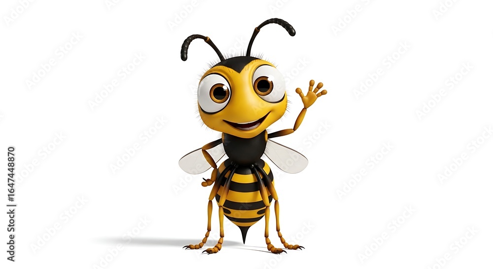 Obraz premium A cheerful cartoon bee with yellow and black stripes waving its hand on a white background view
