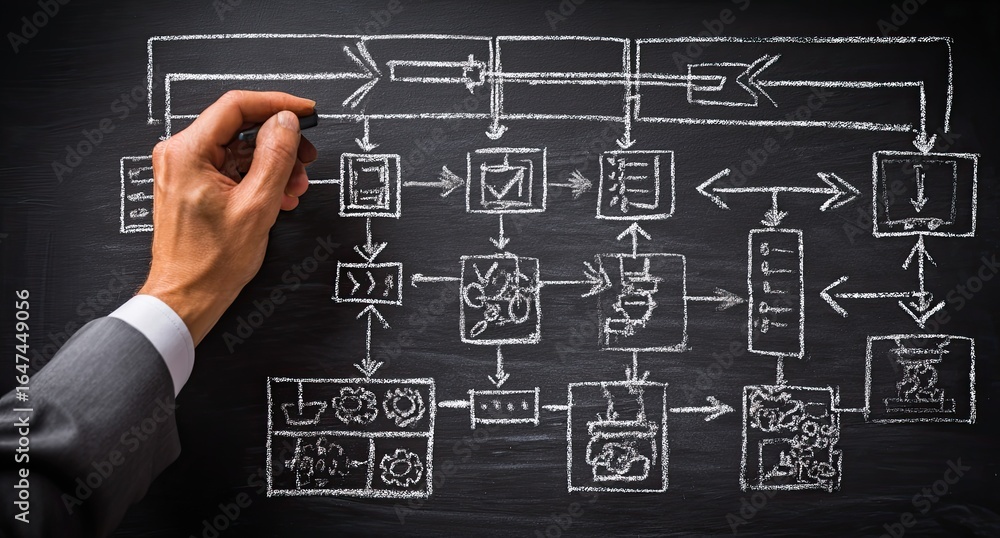 Fototapeta premium Business process flow chart drawn on chalkboard