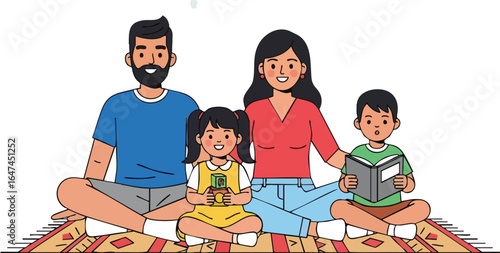 Cartoon depiction of a happy family of four sitting on a rug, reading and holding a potted plant together.