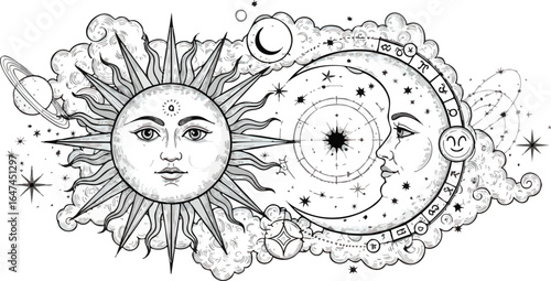 Intricate line art illustration featuring a sun with a human face, a crescent moon with a face, stars, planets, clouds, and celestial elements.
