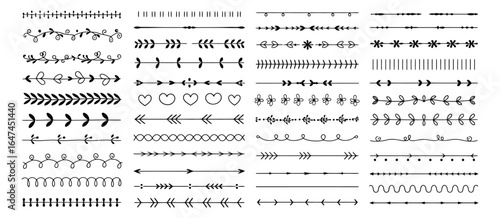 Vector art of collection of decorative dividers isolated on white background featuring floral, arrow, and geometric designs for adding vintage and elegant touch to text and page layouts