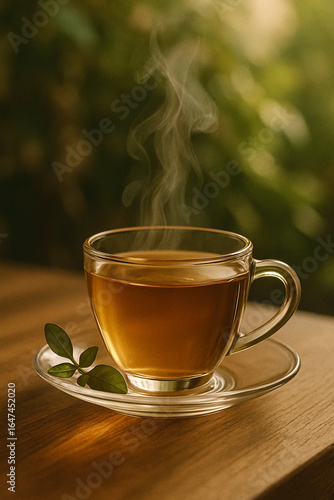 Close-up herbal tea in glass cup with steam, cozy mood, natural background