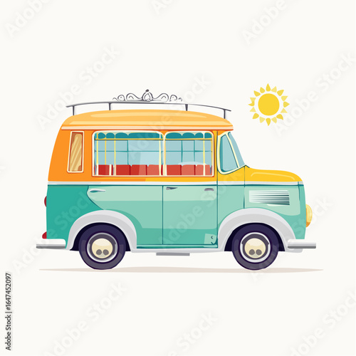 A retro 1960s style minibus in bright turquoise and orange for a summer road trip. Vector illustration of a vintage travel van.