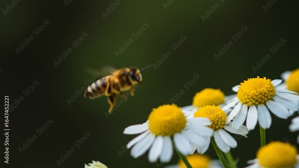 Honeybee pollination process, a bee is seen flying towards white chamomile flowers, close-up shot revealing the delicate structures of both the bee and the flowers, depicting the beautiful dance of Honeybee pollination process, a bee is seen flying towards white chamomile flowers, close-up shot revealing the delicate structures of both the bee and the flowers, depicting the beautiful dance of
