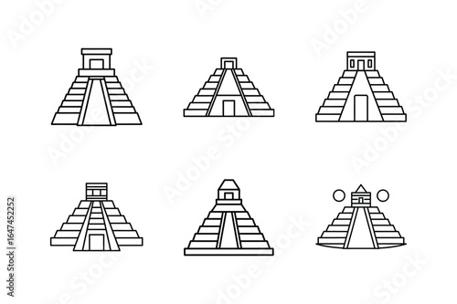 tikal pyramids line art vector illustration