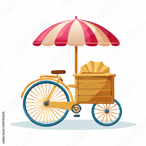 Vector illustration of a vintage ice cream bicycle with a striped umbrella. Retro street food vendor cart with a wooden box, isolated on a white background.