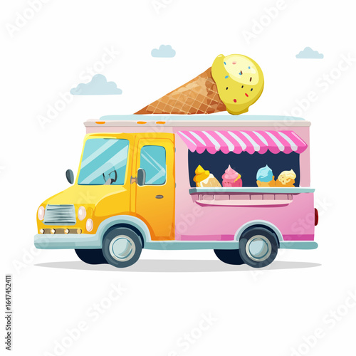 A vibrant cartoon-style ice cream truck, illustrated in bright pink and yellow colors, isolated on white
